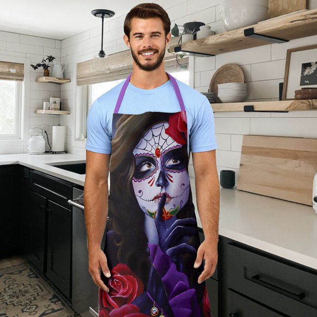 Purple Red Roses Sugar Skull Fairy Day Dead Apron (Creator Uploaded)