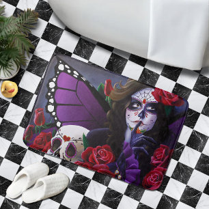 Purple Red Roses Sugar Skull Fairy Day Dead Bath Mat