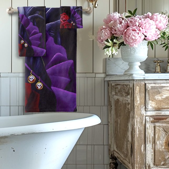 Purple Red Roses Sugar Skull Fairy Day Dead Bath Towel Set (Creator Uploaded)