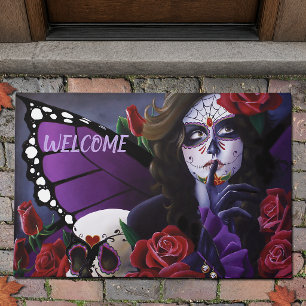 Purple Red Roses Sugar Skull Fairy Day Dead Doormat