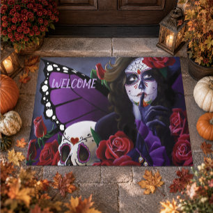 Purple Red Roses Sugar Skull Fairy Day Dead Doormat