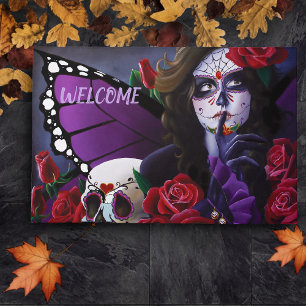 Purple Red Roses Sugar Skull Fairy Day Dead Doormat