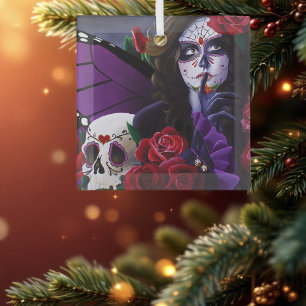 Purple Red Roses Sugar Skull Fairy Day Dead Glass Ornament