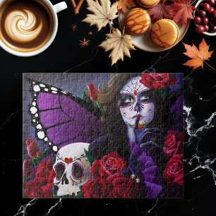 Purple Red Roses Sugar Skull Fairy Day Dead Jigsaw Puzzle