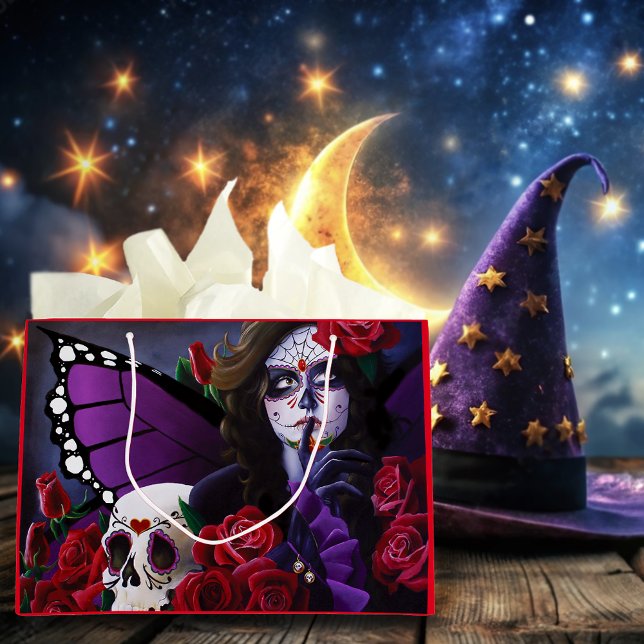 Purple Red Roses Sugar Skull Fairy Day Dead Large Gift Bag (Creator Uploaded)