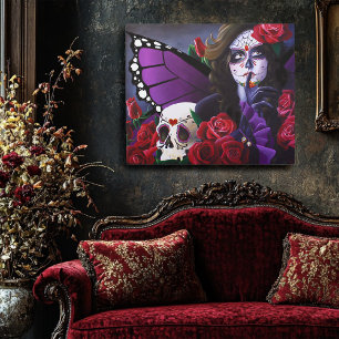Purple Red Roses Sugar Skull Fairy Day Dead Metal Print