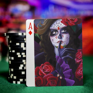 Purple Red Roses Sugar Skull Fairy Day Dead Poker Cards