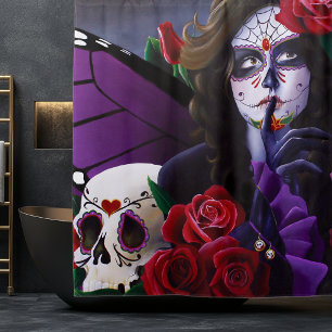 Purple Red Roses Sugar Skull Fairy Day Dead Shower Curtain