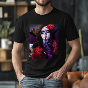 Purple Red Roses Sugar Skull Fairy Day Dead T-Shirt