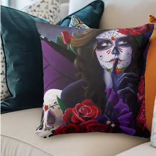 Purple Red Roses Sugar Skull Fairy Day Dead Throw Pillow