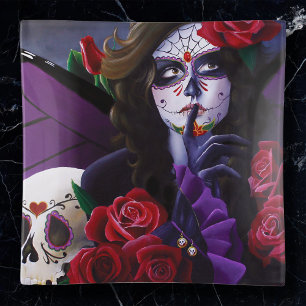 Purple Red Roses Sugar Skull Fairy Day Dead Trinket Tray