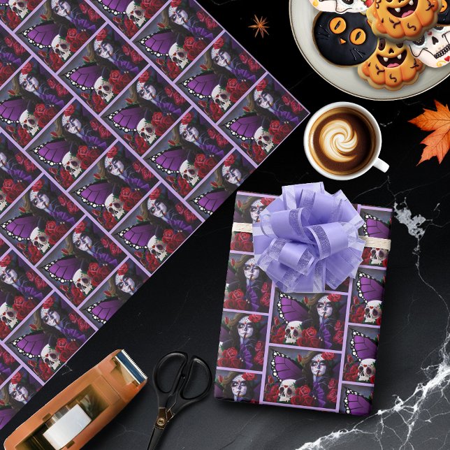 Purple Red Roses Sugar Skull Fairy Day Dead Wrapping Paper (Creator Uploaded)