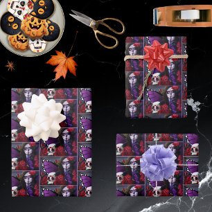 Purple Red Roses Sugar Skull Fairy Day Dead Wrapping Paper Sheets