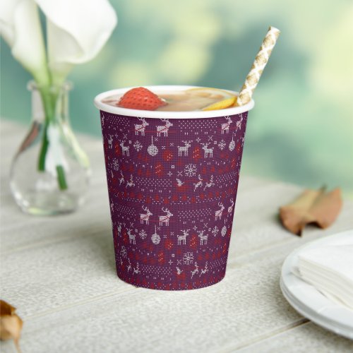 Purple Red Santa Reindeer Ugly Christmas Sweater Paper Cups