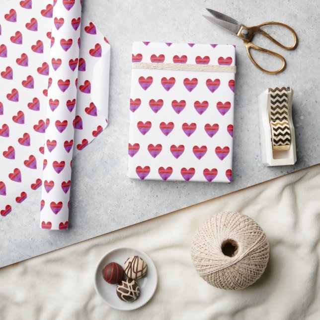 Purple Red Watercolor Hearts Wrapping Paper (Crafts)