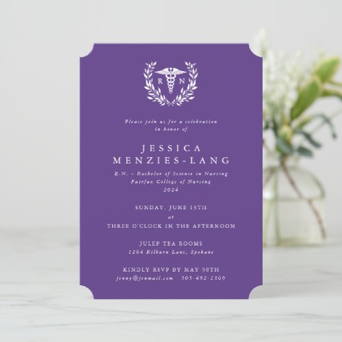 Purple Registered Nurse CaduceusLaurel Wreath Invitation