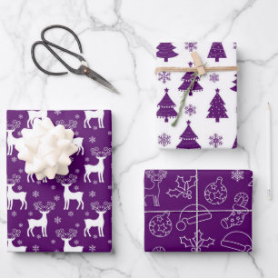 Purple Reindeer, Christmas Tree & Holiday Pattern Wrapping Paper Sheets