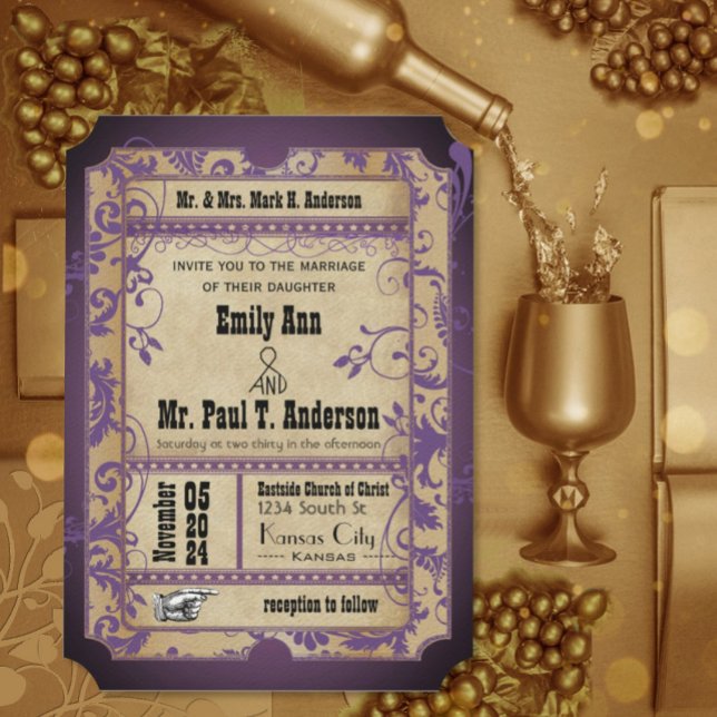 Purple Renaissance Medieval Ticket Wedding Invitation (Creator Uploaded)