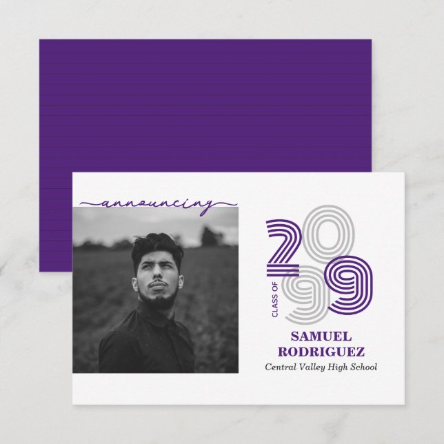 Purple Retro Big Numbers Class of Photo Invitation (Front/Back)