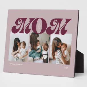 Purple Retro Bold Mom 3 Photo Collage Plaque