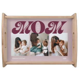 Purple Retro Bold Mom 3 Photo Collage Serving Tray
