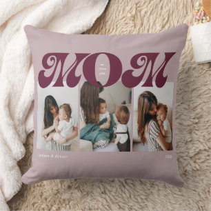 Purple Retro Bold Mom 3 Photo Collage Throw Pillow
