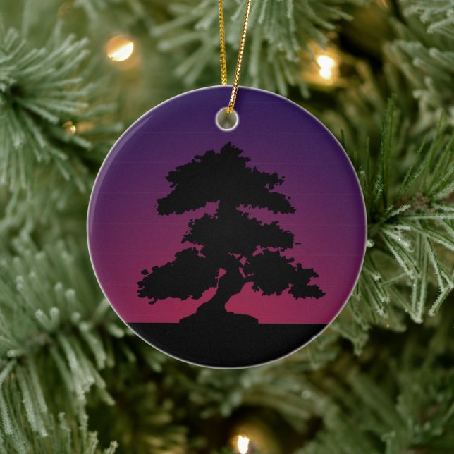 Purple Retro Bonsai Sunset Ceramic Ornament (Tree)