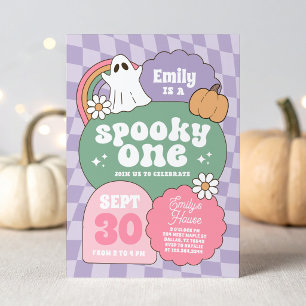 Purple Retro Checker Spooky One Girls 1st Birthday Invitation