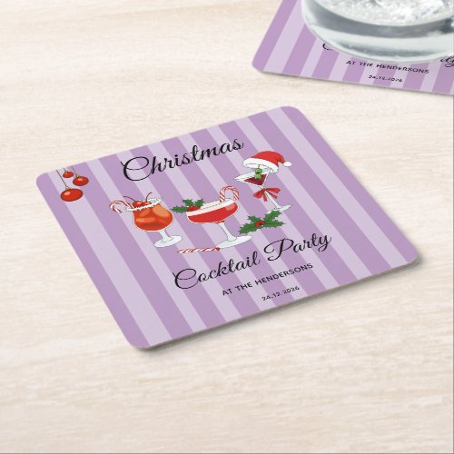 Purple Retro Christmas Cocktail Party Square Paper Coaster