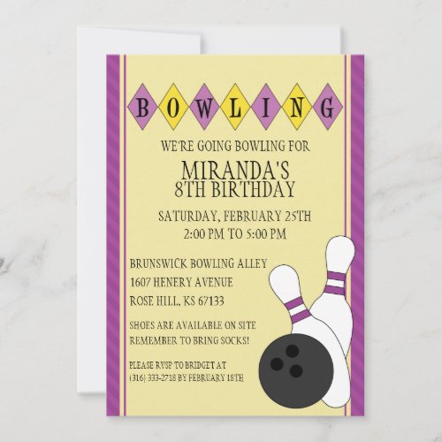 Purple Retro Custom Bowling Birthday Party Custom Invites
