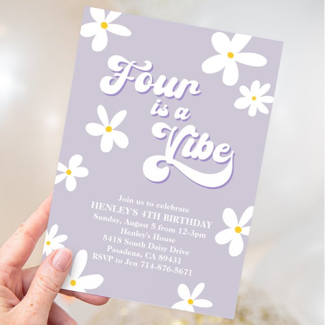 Purple Retro Daisy Four Is A Vibe Birthday  Invitation (Creator Uploaded)