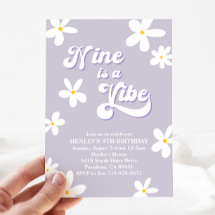 Purple Retro Daisy Nine Is A Vibe Birthday Invitation