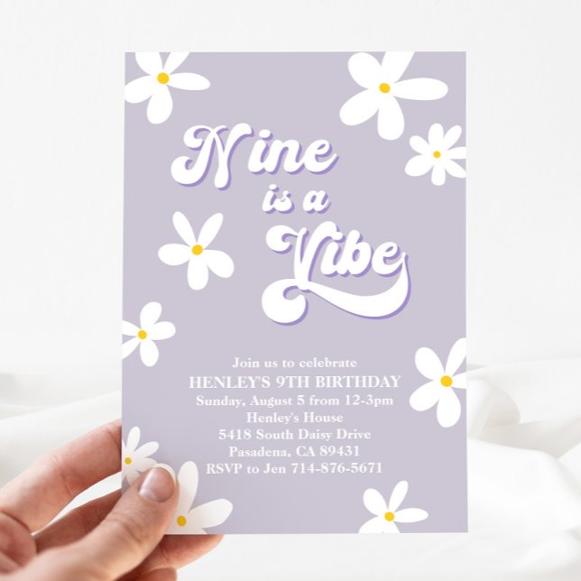Purple Retro Daisy Nine Is A Vibe Birthday  Invitation (Creator Uploaded)
