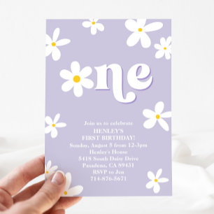 Purple Retro Daisy One 1st Birthday Girl Invitation