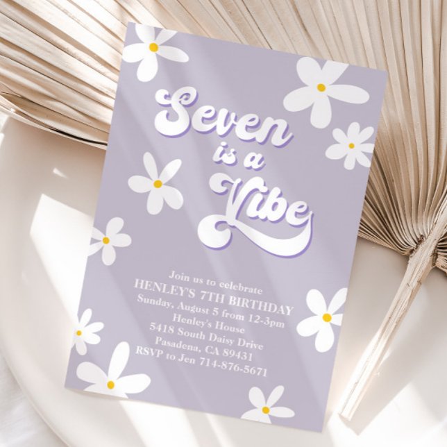 Purple Retro Daisy Seven Is A Vibe Birthday  Invitation (Creator Uploaded)
