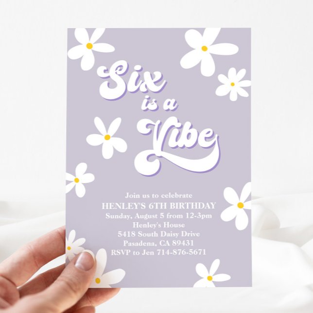 Purple Retro Daisy Six Is A Vibe Birthday  Invitation (Creator Uploaded)
