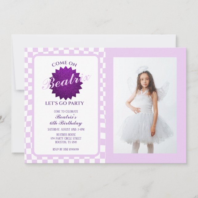 Purple Retro Doll Photo Birthday Invitation (Front)