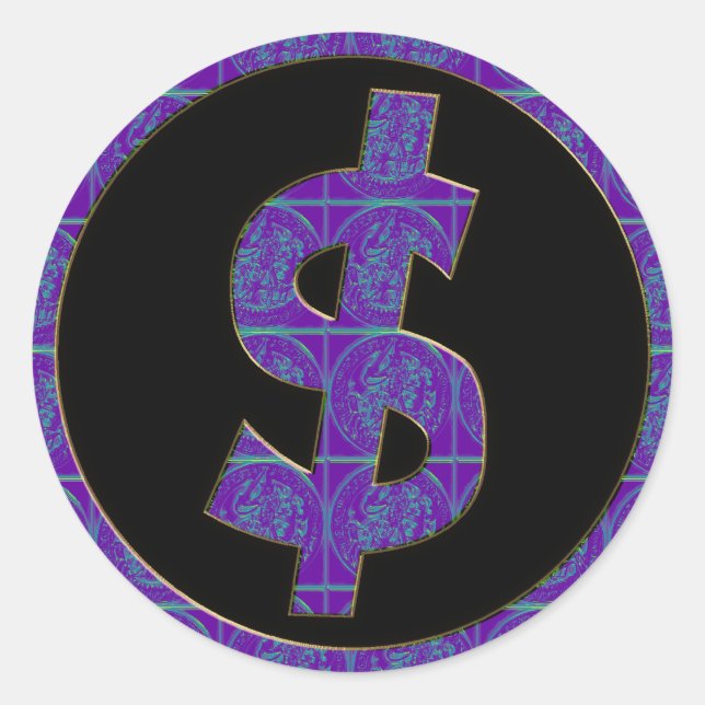 PURPLE RETRO DOLLAR SIGN CLASSIC ROUND STICKER (Front)