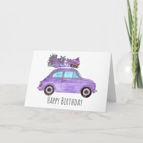 Purple Retro Fiat 500 Birthday Card