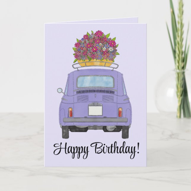 Purple Retro Fiat 500 Birthday Card (Front)