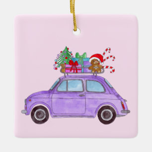 Purple Retro Fiat 500 with Christmas Gifts Ceramic Ornament