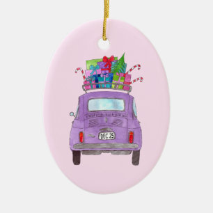 Purple Retro Fiat 500 with Christmas Gifts Ceramic Ornament
