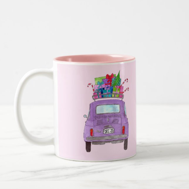 Purple Retro Fiat 500  with Christmas Gifts Two-Tone Coffee Mug (Left)