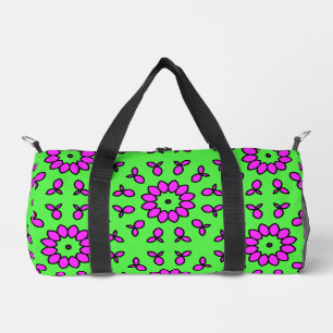 Purple Retro Flowers on Lime Green Background Duffle Bag