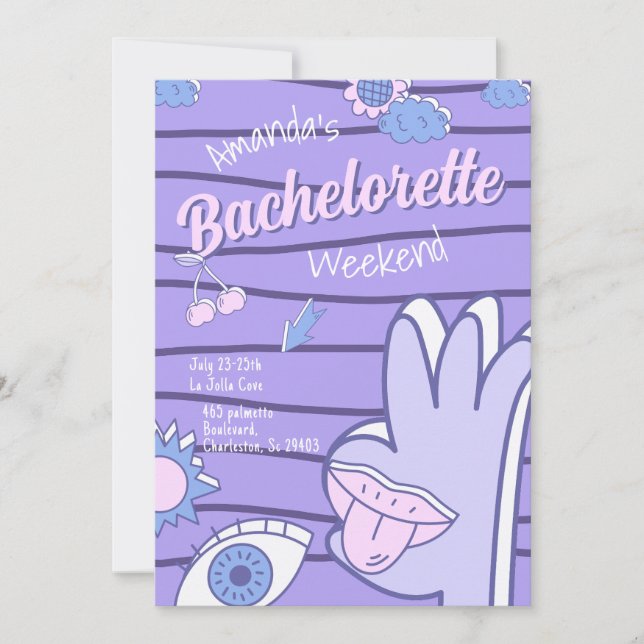 Purple Retro Fun Bachelorette Weekend Invitation (Front)