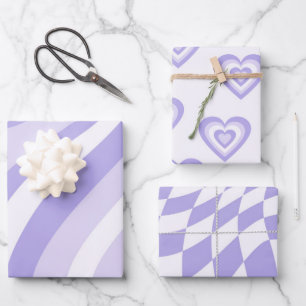 Purple Retro Geometric Stripes Hearts Squares 70s Wrapping Paper Sheets