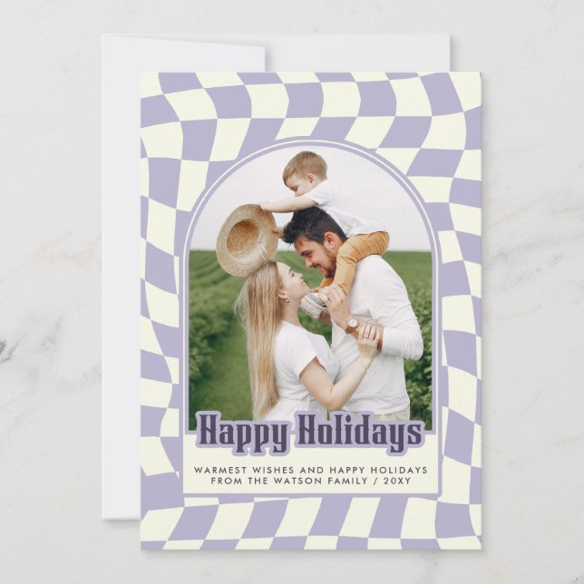 Purple Retro Groovy Checkered Happy Holidays Photo Holiday Card (Front)