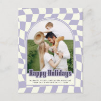 Purple Retro Groovy Checkered Happy Holidays Photo Holiday Postcard