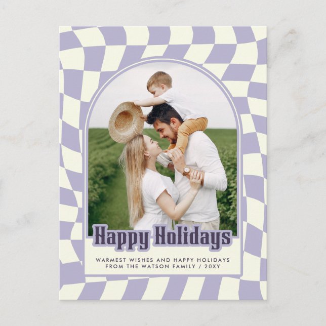 Purple Retro Groovy Checkered Happy Holidays Photo Holiday Postcard (Front)