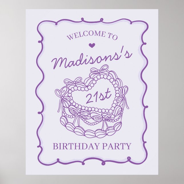 Purple Retro Heart Coquette Cake Birthday Welcome Poster (Front)